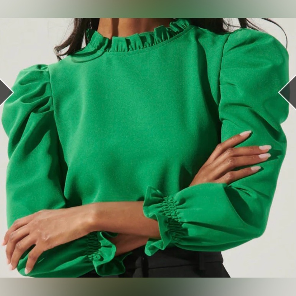 NWT Go Getter Marla Ruffle Puff Sleeve Green Blouse - Small